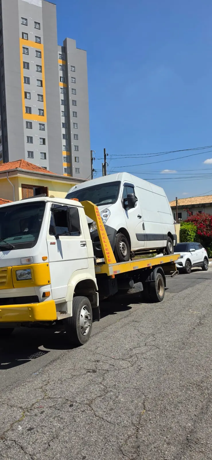 Guincho plataforma da Netiv transportando van sob céu azul no ABC Paulista